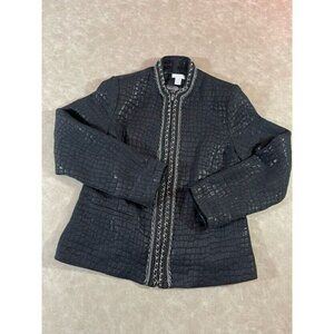 Chico's Womens Full Zip Jacket Chain Trim Lined Animal Pattern Black Size Medium